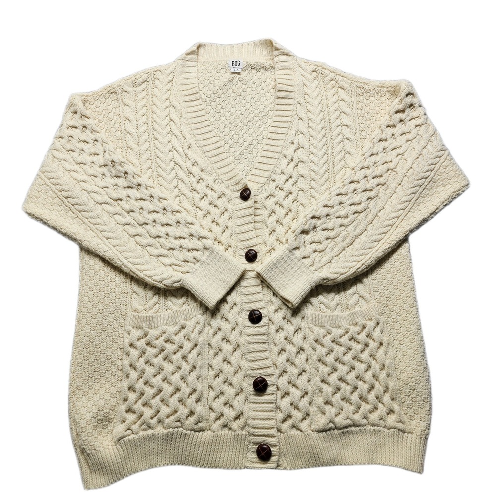 BDG Cardigan Sweater Womens Small Cream Stretch Cable Knit V-Neck Button‎ Front